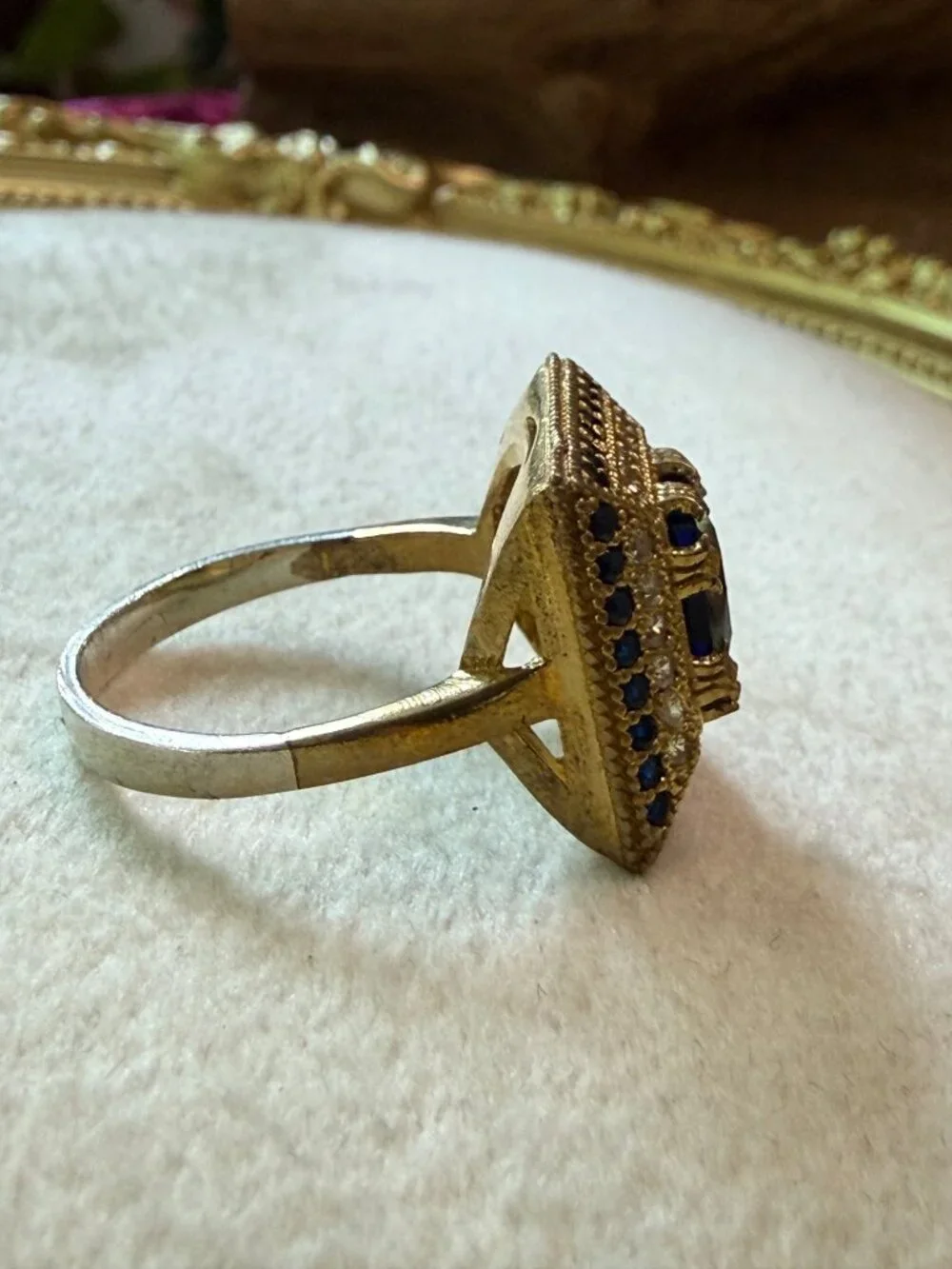 Vintage Square Blue Glass Gold-Tone Statement Ring Sterling Silver Band Size 8.9